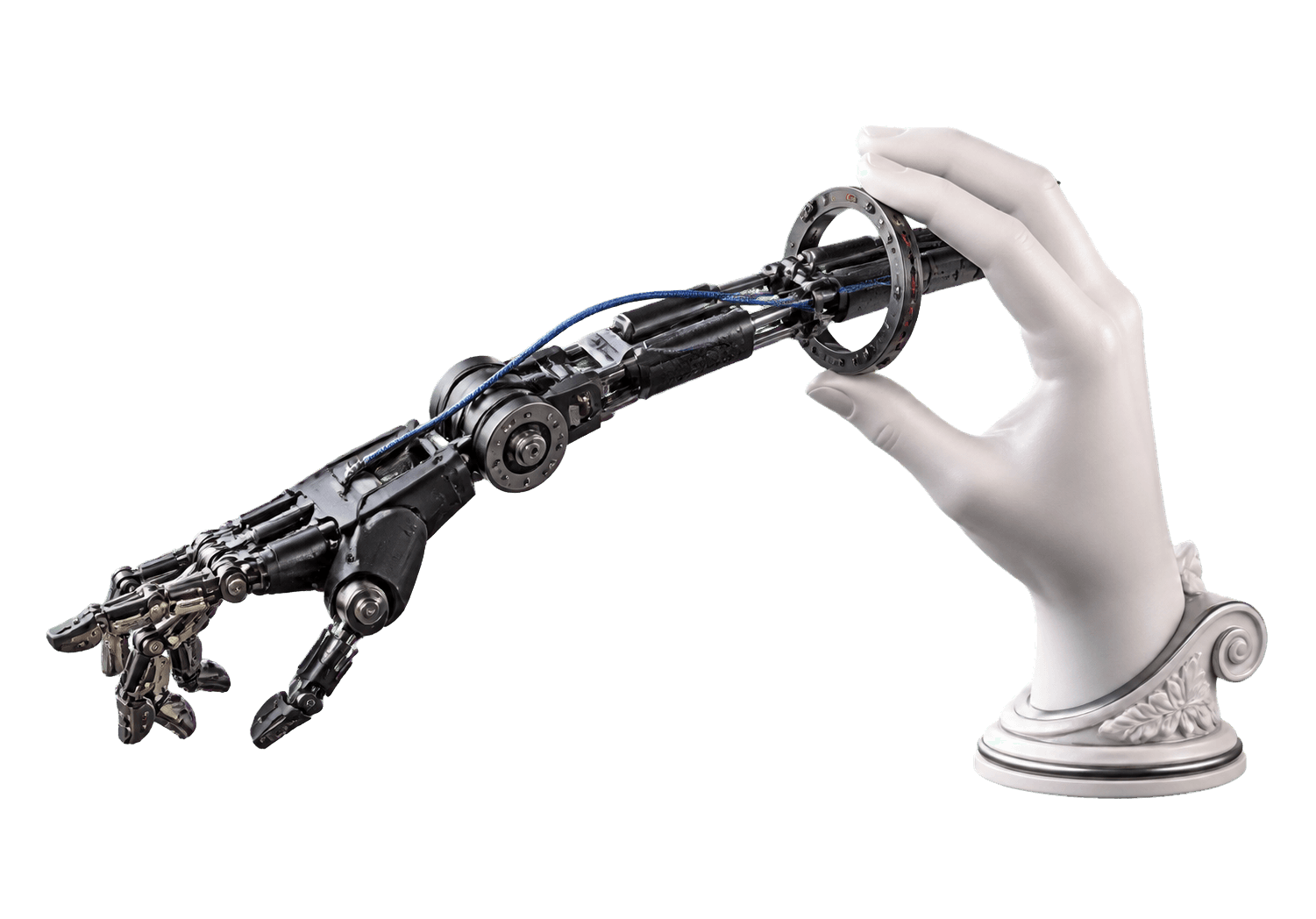 Mão humana controlando um braço mecânico por meio de um anel de contenção
