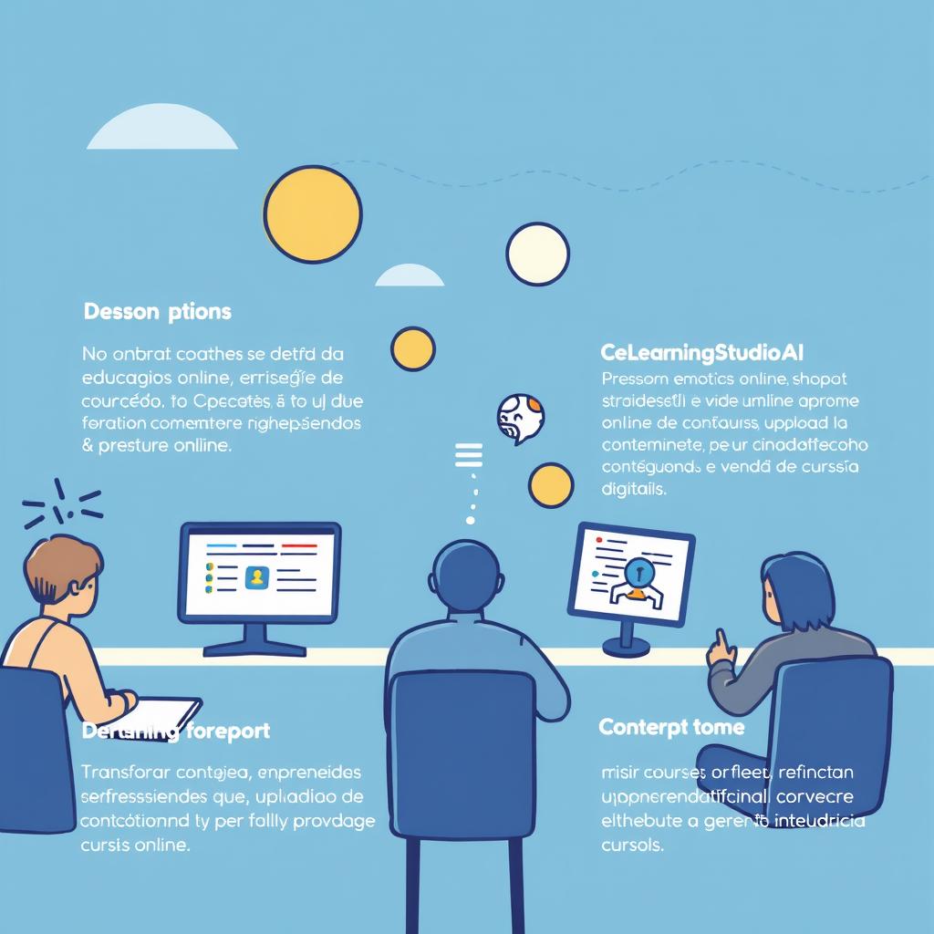 Interface de ferramentas para criação de cursos online, destacando Courseau, LearningStudioAI e Mini Course.