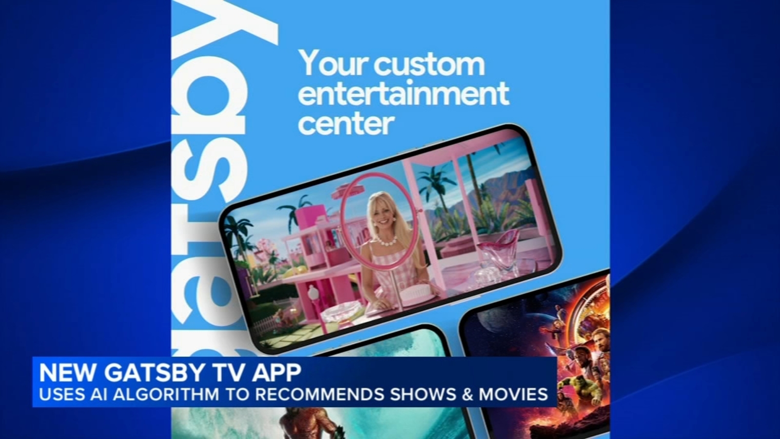 Interface do Gatsby TV mostrando recomendações personalizadas de filmes e séries com integração a plataformas de streaming.