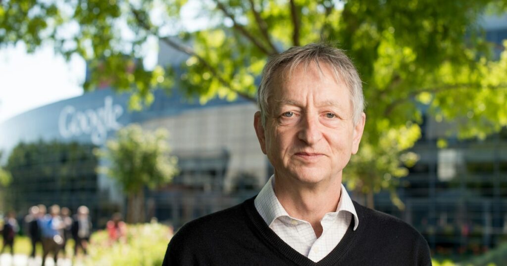 Geoffrey Hinton recebendo o Prêmio Nobel de Física, simbolizando a fusão entre ciência e tecnologia na inteligência artificial.