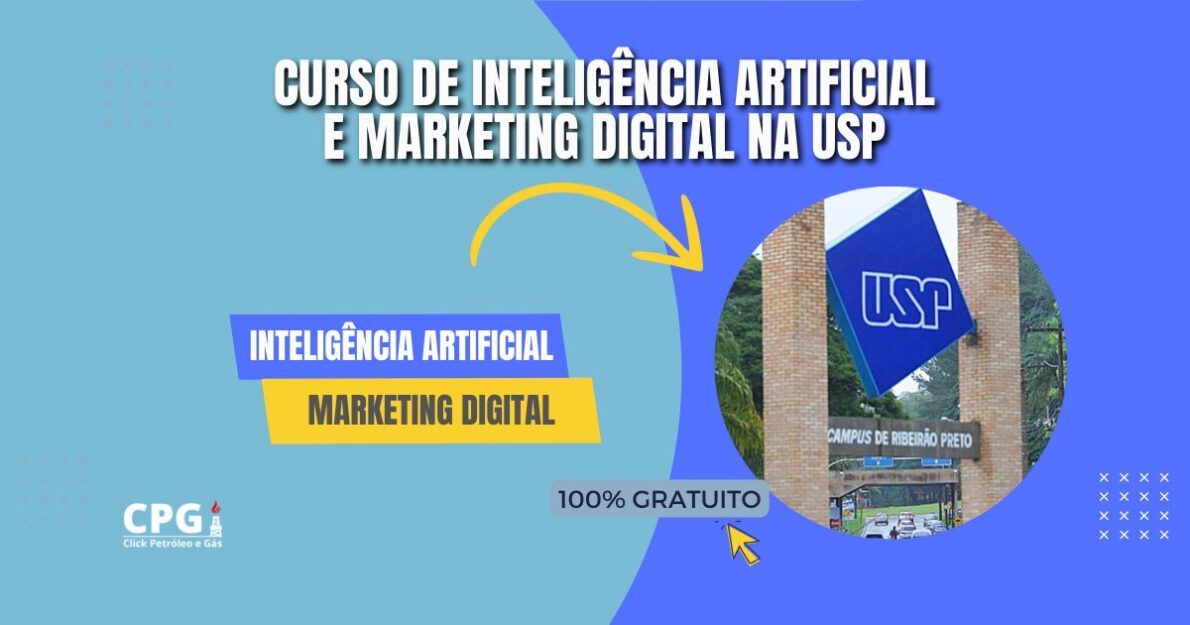 Banner do curso gratuito de Inteligência Artificial da USP, destacando marketing digital e inscrições abertas.