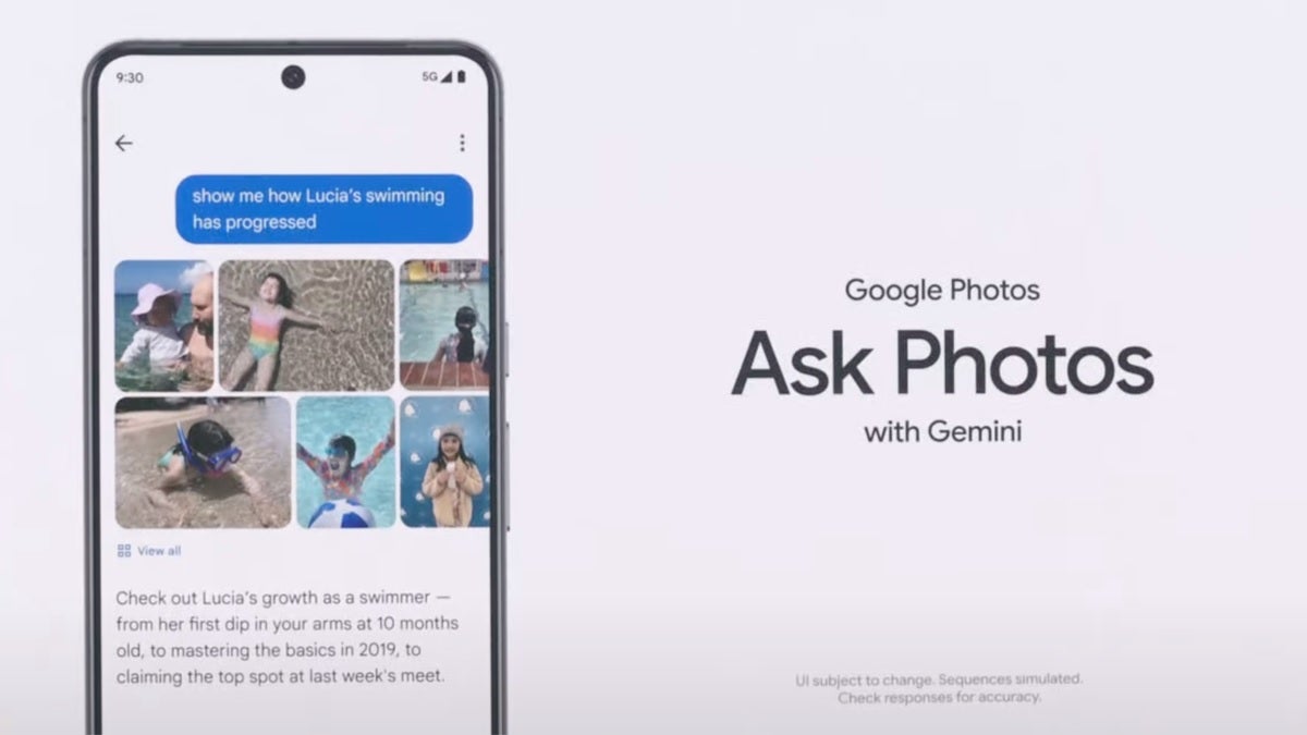 Interface do Google Photos mostrando a funcionalidade 'Ask Photos' em uso.