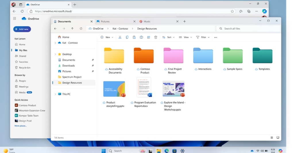 Interface do novo aplicativo móvel do OneDrive com pastas coloridas e busca aprimorada.