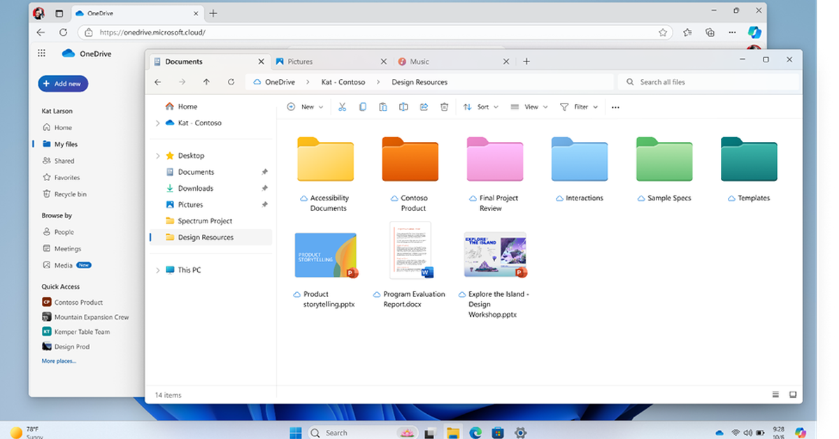 Interface do novo aplicativo móvel do OneDrive com pastas coloridas e busca aprimorada.