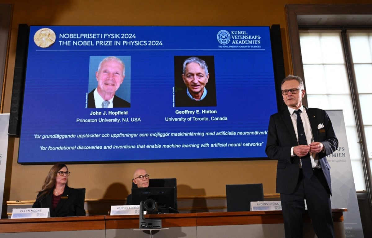 John Hopfield e Geoffrey Hinton, premiados com o Nobel de Física por suas contribuições à aprendizagem automática e redes neuronais.